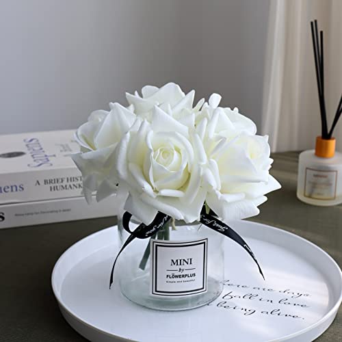 grtefhu Künstliche Blumen mit weißen Rosen in Vase, künstliche Blumen im Glas mit Band, Seidenblumenarrangements in Vase mit künstlichen Blumen für Zuhause Esstisch Dekor von grtefhu