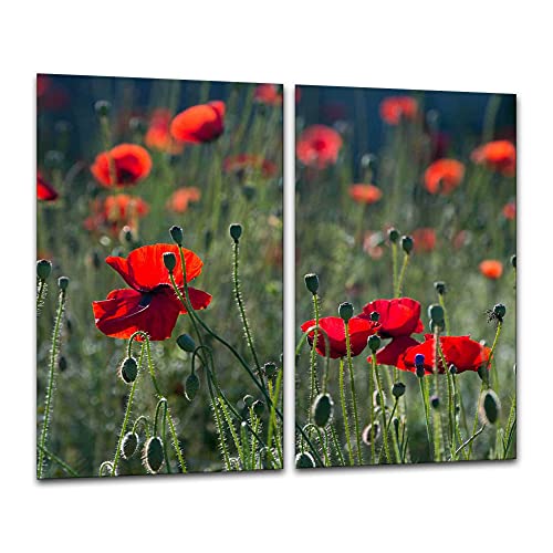 gsmarkt | Herdabdeckplatten Ceranfeldabdeckung Spritzschutz Glas 2x30x52 Blumen Rot Mohnblumen von gsmarkt