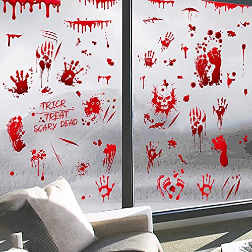 Halloween Sticker 95pcs DIY Blutiger Handabdruck Fensteraufkleber Wasserdicht Aufkleber Horror Blut Skeleton Wandtattoos Fenster Dekoration für Halloween Home Party Schuldekoration 9 Blätter von guangmu