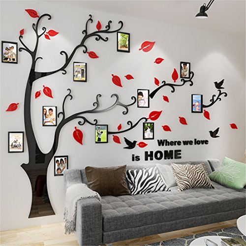 Wandtattoo Baum 3D DIY Wandaufkleber Family Stammbaum Fotowand Baum Wandtattoo Wall Sticker mit Bilderrahmen Foto Wandsticker Wanddeko Deko Wohnzimmer Schlafzimmer (Rot Rechts,XL) von guangmu