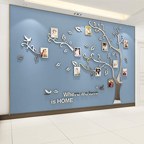 Wandtattoo Baum 3D DIY Wandaufkleber Family Stammbaum Fotowand Baum Wandtattoo Wall Sticker mit Bilderrahmen Foto Wandsticker Wanddeko Deko Wohnzimmer Schlafzimmer (Silber Links,M) von guangmu