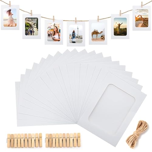 guangyuan 20 Stücke Fototaschen zum Aufhängen Fotorahmen aus Pappe,Papier Fotorahmen10 x 15 cm Girlande Fotos Selbstklebende Bilderrahmen zum Foto Netz Klassenraum (Weiß) von guangyuan