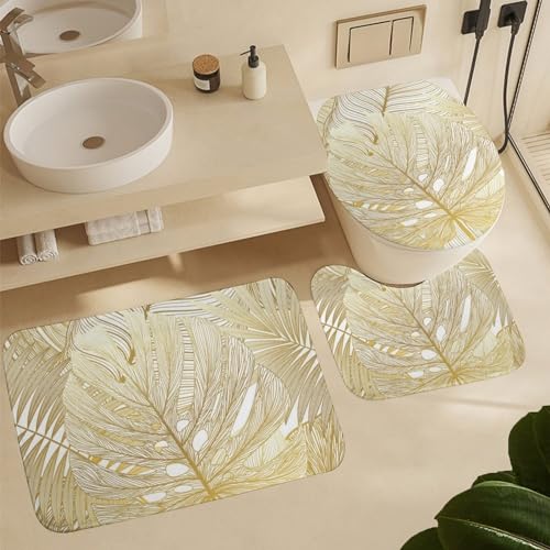 Badezimmer Teppiche Set 3 Stück Goldene Monstera Hinterlässt Tropische Pflanzen Dekorative U-Förmigen Contour Matte Waschbar Wc-Deckelabdeckung Anti-Rutsch 3 TLG Badteppich Set Badezimmer Teppiche Set 3 Stück Goldene Monstera Hinterlässt Tropische Pflanzen Dekorative U-Förmigen Contour Matte Waschbar Wc-Deckelabdeckung Anti-Rutsch 3 TLG Badteppich Set von guangzhoushenqinshangmaoyouxiangongsi
