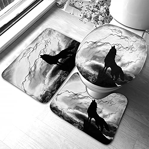 rutschfeste 3 Badteppich Set Wolf Heult Gewitter Vollmond Weißer Himmel Licht Schwarz Anti-Rutsch Konturmatte Langlebige Wc-Deckelabdeckung Dekorative 3-Teiliges Badteppich-Set von guangzhoushenqinshangmaoyouxiangongsi