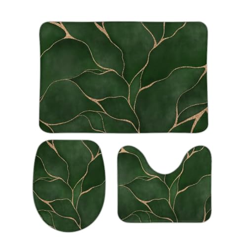 Badezimmer Vorleger 3-Teiliges Aquarell Grün Goldene Linie Flüssiger Marmor Wc Vorleger Set 3 Teilig Wasserabsorbierend Badteppich-Set 3-Teilig rutschfeste Badezimmer-Garnitur von guangzhoutongyidianzishangwuzhongxingerenduzi