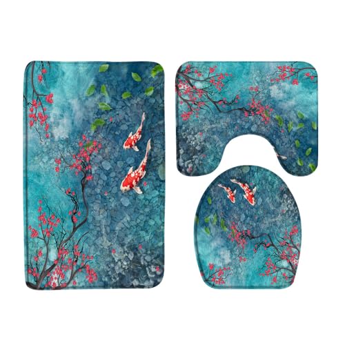 Badteppich-Set 3-Teilig Kirsche Japanisch Asiatisch Chinesisch Rote Blume Grüne Blätter Fisch Im Wasser Frühling Teal Blau Wc Vorleger Set 3 Teilig Badezimmer Vorleger 3-Teiliges Weiches von guangzhoutongyidianzishangwuzhongxingerenduzi
