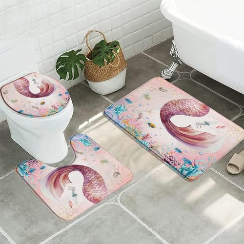 Badteppich-Set 3-Teilig Meerjungfrau Rosa Tropischer Fischschwanz Märchen Mädchen Prinzessin Schloss Strand Unterwasserwelt Badezimmer Vorleger 3-Teiliges U-Förmiger Teppich Badezimmer-Garnitur von guangzhoutongyidianzishangwuzhongxingerenduzi