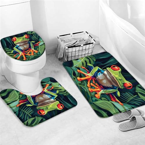 U-Förmiger Teppich Frosch Lustige Aquarell Blätter Tropisch Botanisch Niedlich Cartoon Tiere Regengrün Ästhetik Wc Vorleger Set 3 Teilig Weiches Badteppich-Set 3-Teilig Badezimmer-Garnitur von guangzhoutongyidianzishangwuzhongxingerenduzi