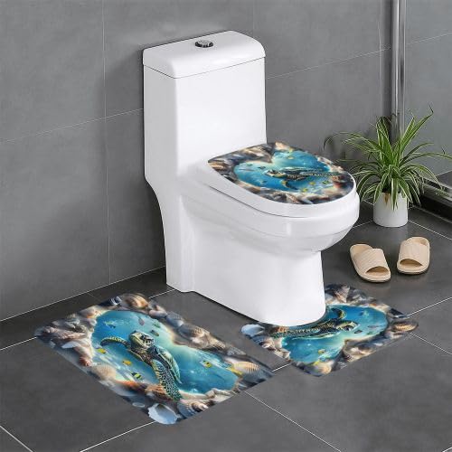 U-Förmiger Teppich Meeresschildkröte Tropische Fische Muscheln Korallenriff Blau Meereslebewesen 3D Herz Strand Küste Badezimmer Vorleger 3-Teiliges Wc Vorleger Set 3 Teilig Badezimmer-Garnitur von guangzhoutongyidianzishangwuzhongxingerenduzi