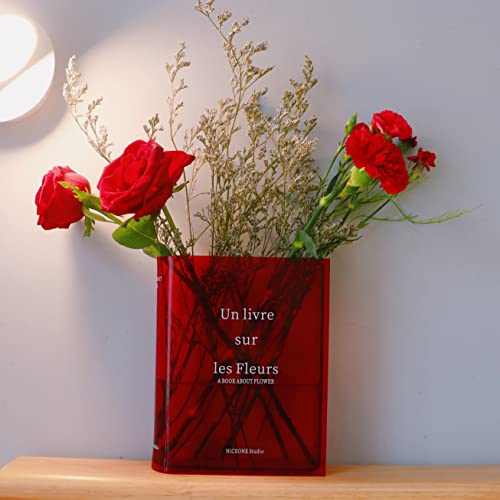 gudong Book Vase Tischdeko Blumenvase Tulpenvase Kleine Vasen für Tischdeko Klare Buchvase Blumenvase aus Klarem Acryl für Flowers oder Künstliche Blumen (Red Acrylic) von gudong