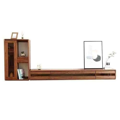 Hängend TV Board Schwebende TV-Möbelkombination for das Wohnzimmer, schwebender TV-Ständer aus schwarzem Walnussholz mit wandmontiertem Seitenschrank, 3 herunterklappbare Türen mit eingebettetem Glas von guiling-1986