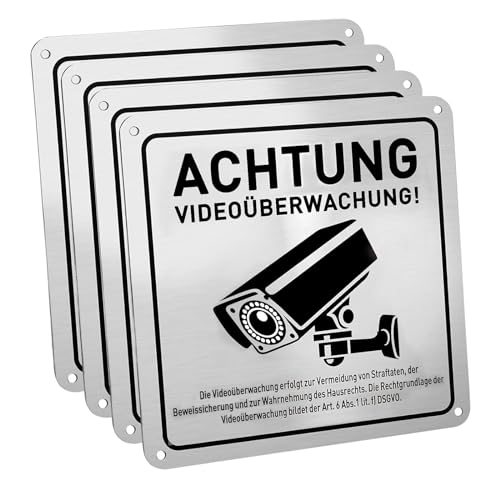 4 Stück Videoüberwachung Schild, Videoüberwachung Schild Aluminium mit DSGVO Hinweis, mit Selbstklebend, für Überwachungskamera Oder Kamera Attrappe von gvivej