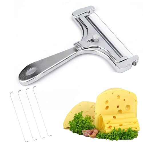 Käseschneider mit Einstellbarer Dicke, Käsehobel aus Edelstahldraht, Käseschneider mit Rolle und Schneidedraht, 4 Ersatzdrähte, für Weichen Bis Mittelharten Käse Perfekt Geeignet, Silber von gvivej