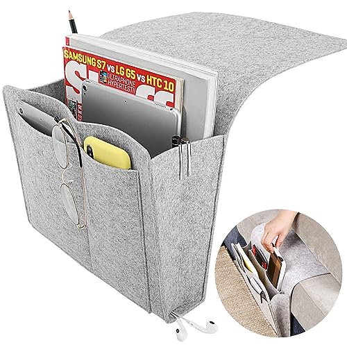 gvivej Bett Organizer, Nachttisch Organizer, Anti-Rutsch Nachttisch Tasche, mit 5 Tiefen Tasche für Buch, für Buch, Zeitschriften, iPad, Handy, Fernbedienung-Grau von gvivej