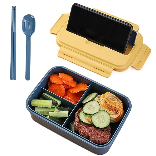 gvivej Lunch Box, Bento Box mit 3 Fächern, Zubehör 1 Bento Box, 1 Paar Essstäbchen und 1 Löffel, BlauGelb von gvivej