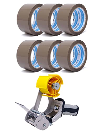 gws Paketklebeband; Geräuscharmes Universalklebeband zum Verpacken von Paketen; Hohe Klebekraft, Profi-Qualität; 66 m Länge 50 mm breite (6, braun Set mit Abroller) von gws