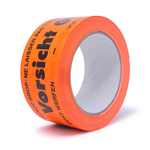 gws Hinweis-Klebeband Vorsicht Glas Flurorange PVC | Kräftiges Verpackungsklebeband in Profi-Qualität | Warnband Paketband | 50 mm x 66 m (1 Rolle) von gws