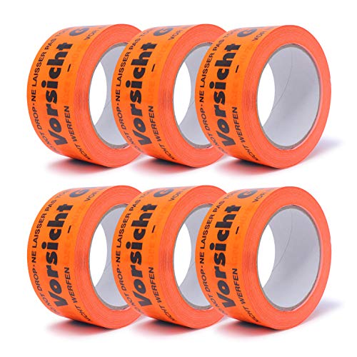 gws Hinweis-Klebeband Vorsicht Glas Flurorange PVC | Kräftiges Verpackungsklebeband in Profi-Qualität | Warnband Paketband | 50 mm x 66 m (6 Rollen) von gws