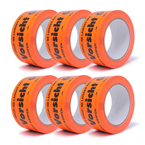 gws Hinweis-Klebeband Vorsicht Glas 6 Rollen Flurorange PVC | Kräftiges Verpackungsklebeband in Profi-Qualität | Warnband Paketband | 50 mm x 66 m von gws