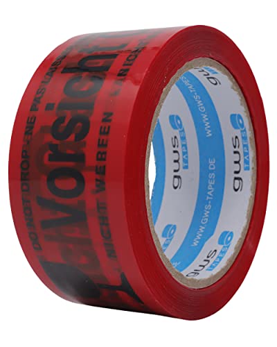 gws Paketband Vorsicht Glas Rot PP leise | Verpackungsklebeband Profi-Qualität | Hinweisband deutsch und englisch | 50 mm x 66 m (1 Rolle) von gws