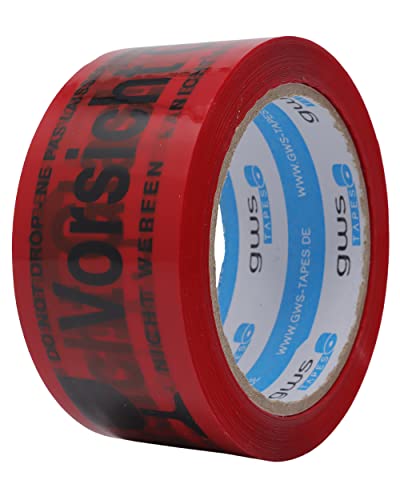 gws Paketband Vorsicht 1 Rolle Glas Rot PP leise | Verpackungsklebeband Profi-Qualität | Hinweisband deutsch und englisch | 50 mm x 66 m von gws