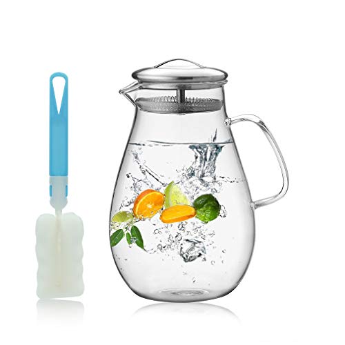 H-Risen Wasserkanne aus Glas mit Deckel und Ausguss, hitzebeständig, geeignet für heiße und kalte Getränke, 1.500 ml 1900 ml farblos von h-risen
