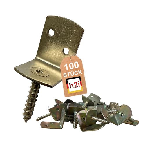 h2i Flechtzaunhalter | Stahl gelb verzinkt | 100 Stück | Flechtzaunbeschlag in L-Form aus Metall | langlebige rostfreie wetterfeste Zaunbefestigung für sicheren robusten und stabilen Stand von h2i