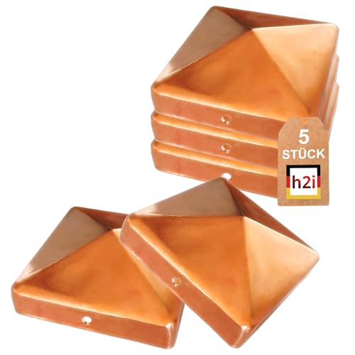 h2i Pfostenkappe | Kupfer | 71 x 71 mm | 5 Stück | Eckige Abdeckkappe für Garten Holzpfosten Pfostenträger & Zaunpfosten in Pyramidenform | Wetterschutz für Holz-Balken & Pfosten von h2i