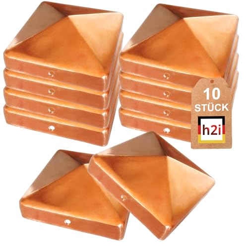 h2i Pfostenkappe | Kupfer | 91 x 91 mm | 10 Stück | Eckige Abdeckkappe für Garten Holzpfosten Pfostenträger & Zaunpfosten in Pyramidenform | Wetterschutz für Holz-Balken & Pfosten von h2i