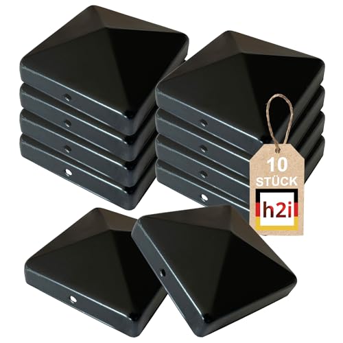 h2i Pfostenkappe | Stahl Schwarz pulverbeschichtet | 91 x 91 mm | 10 Stück | Abdeckkappe für Garten Holz-Pfosten Pfostenträger & Zaunpfosten in Pyramidenform | Wetterschutz für Holz-Balken von h2i