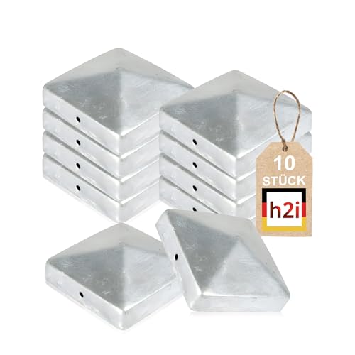 h2i Pfostenkappe | Stahl verzinkt | 71 x 71 mm | 10 Stück | Eckige Abdeckkappe für Garten Holzpfosten Pfostenträger & Zaunpfosten in Pyramidenform | Wetterschutz für Holz-Balken & Pfosten von h2i