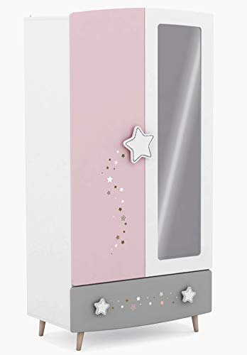 Kleiderschrank rosa/weiß Echtolz + MDF Mädchen Kinderzimmer Nachttisch Nachtkonsole Nachtschrank Nachtkästchen (Rosa/Weiss/Grau #441) von habeig