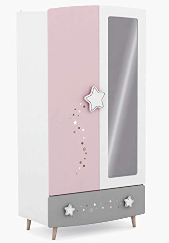 habeig Kinderzimmer Kleiderschrank mit Spiegel, 187x95x52 cm, Sternenmotiv, Verstellbare Böden (Rosa/Weiss/Grau #441) von habeig