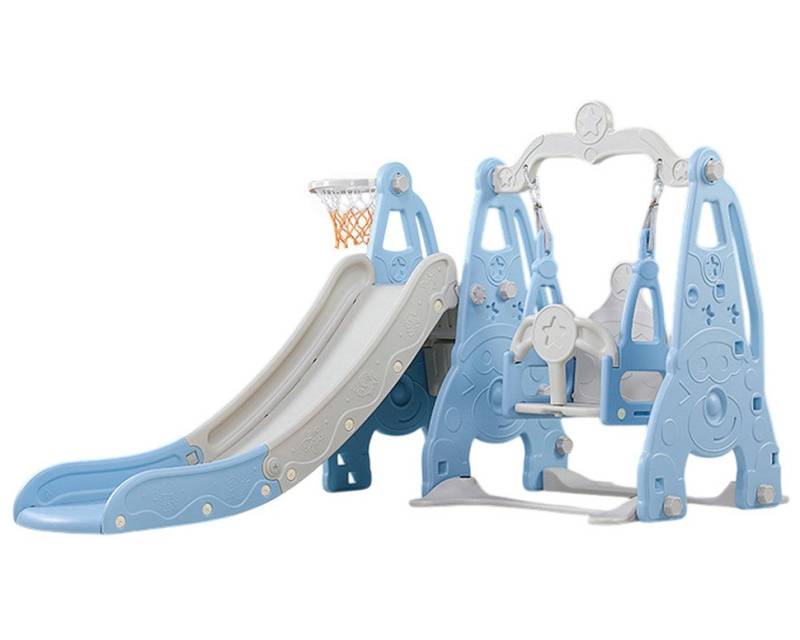 habeig Indoor-Rutsche 4-in-1 Kinder Spielturm Schaukel, Rutsche, Basketball 185x150cm Leiter, Sehr stabil, geschlossene Stufen, hoher Handlauf von habeig