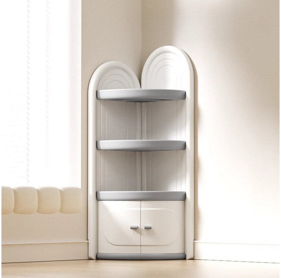 habeig Kinderregal Eckschrank für Kinderzimmer, Weiß-Grau, 138cm Höhe, Türen, abgerundete Kanten, Aussparung für Fussbodenleiste von habeig