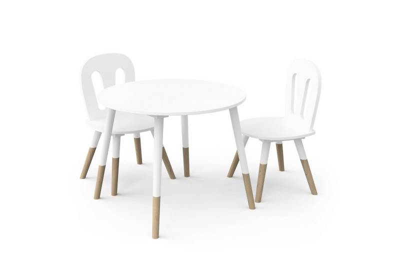 habeig Kindertisch Tisch & 2 Stühle Kinderset Sitzhocker Holz weiß Sitzgarnitur Kinder (Tisch mit 2 Stühlen), abgerundete Kanten von habeig
