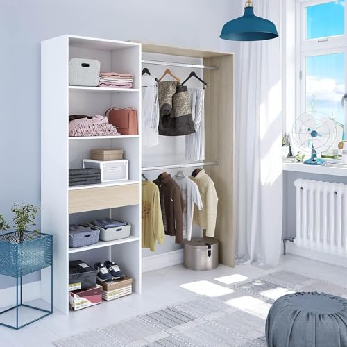 habeig Kleiderschrank begehbar, 158x187x40 cm, Weiß & Holzoptik, 2 Kleiderstangen, 4 Fächer, 1 Schublade, Verstellbare Breite 100-158 cm (OR8558O Eiche+Weiß) von habeig