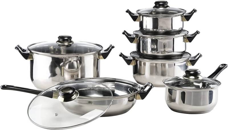 habeig Kochtopf 12-tlg. Kochgeschirr-Set Edelstahl mit Glasdeckel Topf, Edelstahl, 12-teilig von habeig