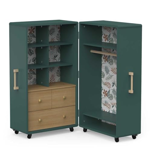 habeig Mobiler Kleiderschrank #5860, 70 x 112 x 65 cm, Grün mit Holzschubladen, begehbar, 8 Rollen von habeig