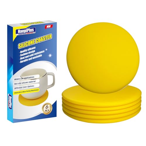 6 Stück Silikon-Untersetzer, runde Form Hot Cup Mat für Getränke, hitzebeständiges Glaskissen, Kaffee-Untersetzer für Tisch, Schreibtisch, Küche, Büro, Bar-Schutz (Gelb) von haepiplus