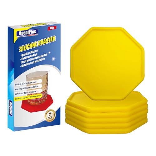 HAEPIPLUS 6 Stück Silikon-Untersetzer, achteckige Form Hot Cup Mat für Getränke, hitzebeständiges Glaskissen, Kaffee-Untersetzer für Tisch, Schreibtisch, Küche, Büro, Bar-Schutz (Gelb) von haepiplus