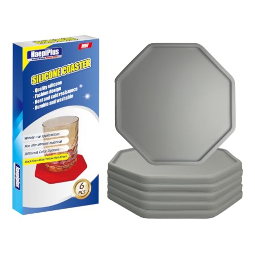 HAEPIPLUS 6 Stück Silikon-Untersetzer, achteckige Form Hot Cup Mat für Getränke, hitzebeständiges Glaskissen, Kaffee-Untersetzer für Tisch, Schreibtisch, Küche, Büro, Bar-Schutz (Grau) von haepiplus