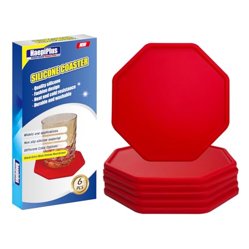 HAEPIPLUS 6 Stück Silikon-Untersetzer, achteckige Form Hot Cup Mat für Getränke, hitzebeständiges Glaskissen, Kaffee-Untersetzer für Tisch, Schreibtisch, Küche, Büro, Bar-Schutz (Rot) von haepiplus