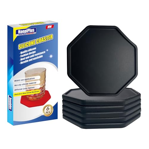 HAEPIPLUS 6 Stück Silikon-Untersetzer, achteckige Form Hot Cup Mat für Getränke, hitzebeständiges Glaskissen, Kaffee-Untersetzer für Tisch, Schreibtisch, Küche, Büro, Bar-Schutz (Schwarz) von haepiplus