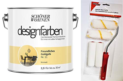 Schöner Wohnen designfarben feinmatte Wandfarbe für innen 2,5 Liter mit go/on Rollen-Set 5-tlg (Nr 11 Freundliches Goldgelb) von hagebauSPN