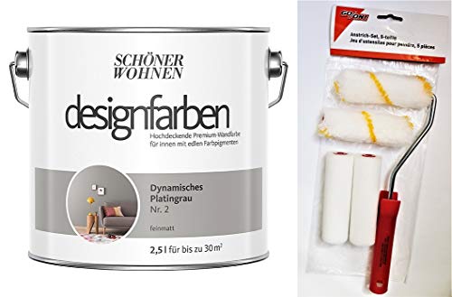 Schöner Wohnen designfarben feinmatte Wandfarbe für innen 2,5 Liter mit go/on Rollen-Set 5-tlg (Nr 2 Dynamisches Platingrau) von hagebauSPN