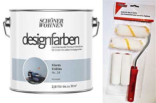 Schöner Wohnen designfarben feinmatte Wandfarbe für innen 2,5 Liter mit go/on Rollen-Set 5-tlg (Nr 24 Klares Eisblau) von hagebauSPN