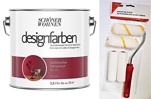 Schöner Wohnen designfarben feinmatte Wandfarbe für innen 2,5 Liter mit go/on Rollen-Set 5-tlg (Nr 16 Gefühlvolles Herzensrot) von hagebauSPN