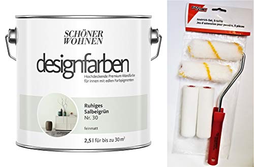 Schöner Wohnen designfarben hochdeckende feinmatte Wandfarbe für innen 2,5 Liter mit go/on Rollen-Set 5-tlg (Nr 30 Ruhiges Salbeigrün) von hagebauSPN