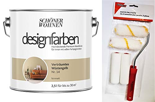 hagebauSPN designfarben feinmatte Wandfarbe für innen 2,5 Liter mit go/on Rollen-Set 5-tlg (Nr 14 Verträumtes Wüstengelb) von hagebauSPN